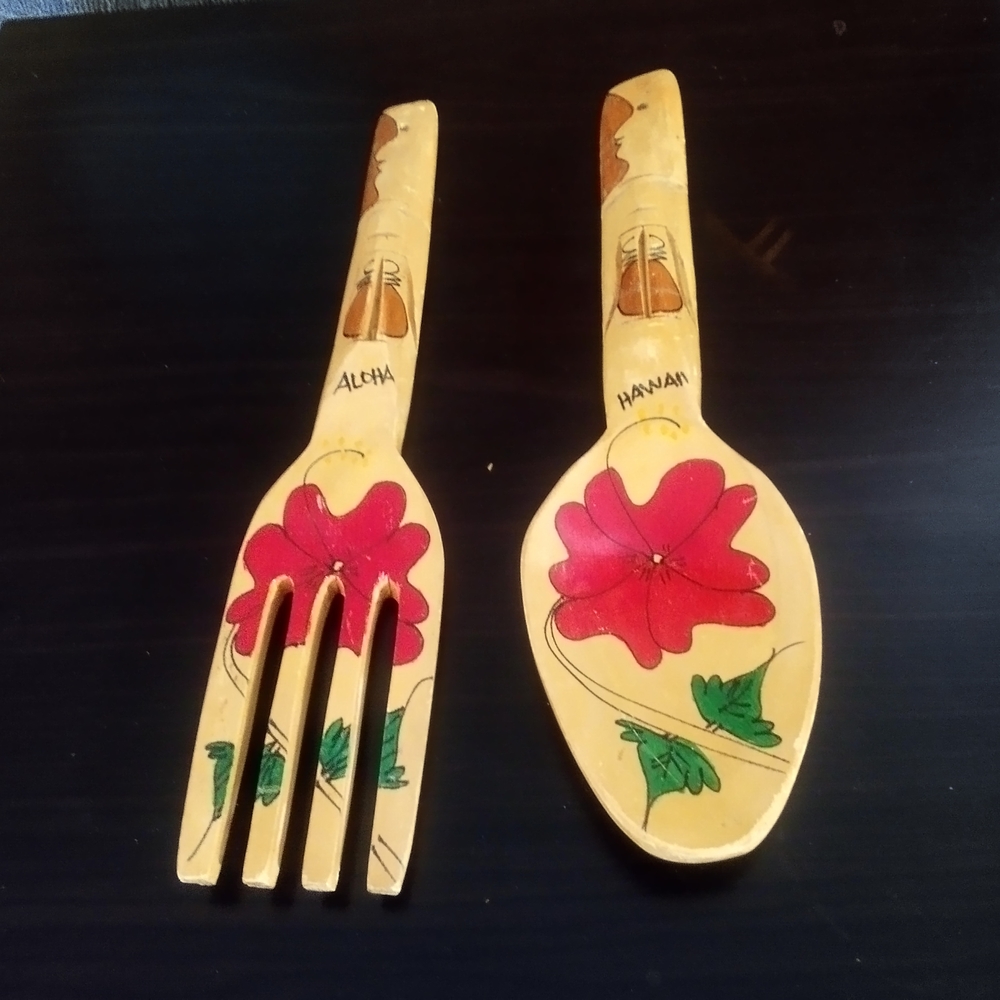 Hawaiian Wooden Fork and Spoon Set with Red Floral Design